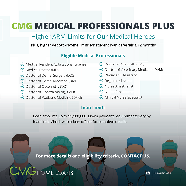 Home Loans for Medical Residents, Medical Doctor (MD), Doctor of Dental Surgery (DDS), Doctor of Dental Medicine (DMD), Doctor of Optometry (OD), Doctor of Ophthalmology (MD), Doctor of Pediatric Medicine (DPM), Doctor of Osteopathy (DO), Doctor of Veterinary Medicine (DVM), Physician's Assistant (PA), Registered Nurse (RN), Nurse Anesthetist, Nurse Practitioner, Clinical Nurse Specialist